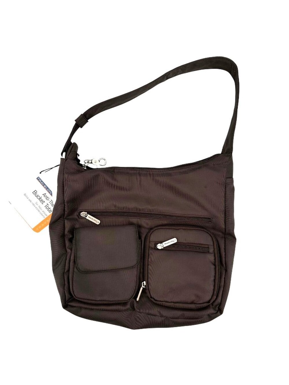 NWT Travelon Anti-Theft Bucket Tote Bag Multiple Zipper Pockets Brown